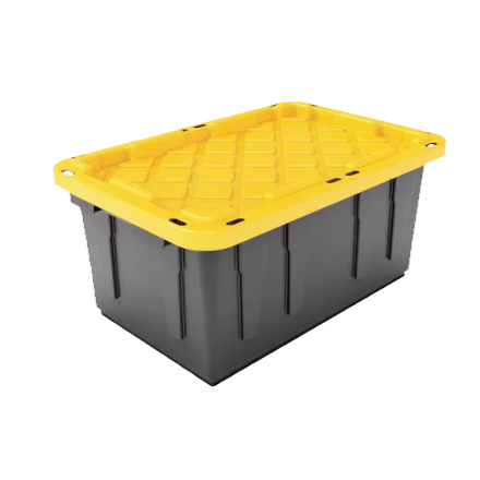 Reusable plastic moving bin with a yellow snap-on lid