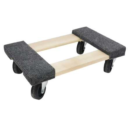 Wooden moving dolly with carpeted pads and casters